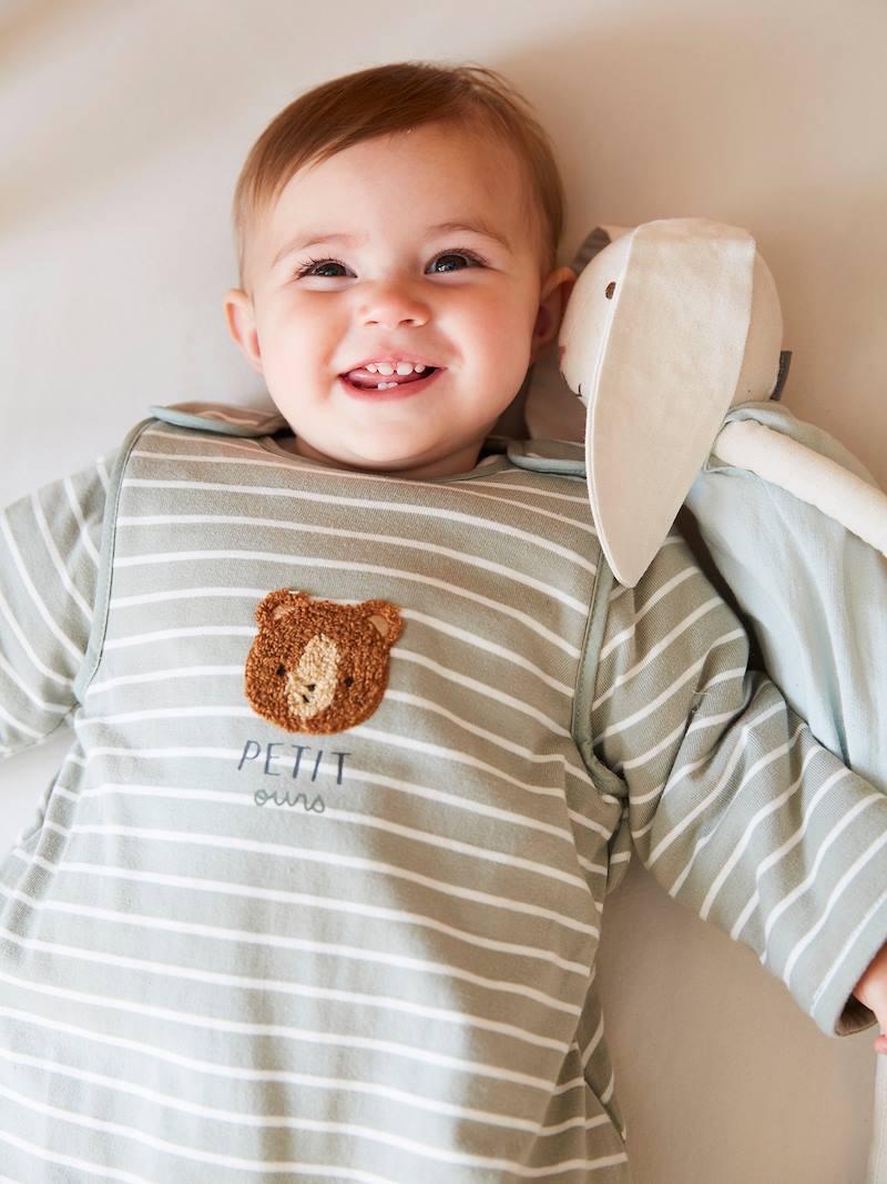 Baby Winterschlafsack mit Bär oder Fuchs Oeko Tex - grün gestreift/grüner wald